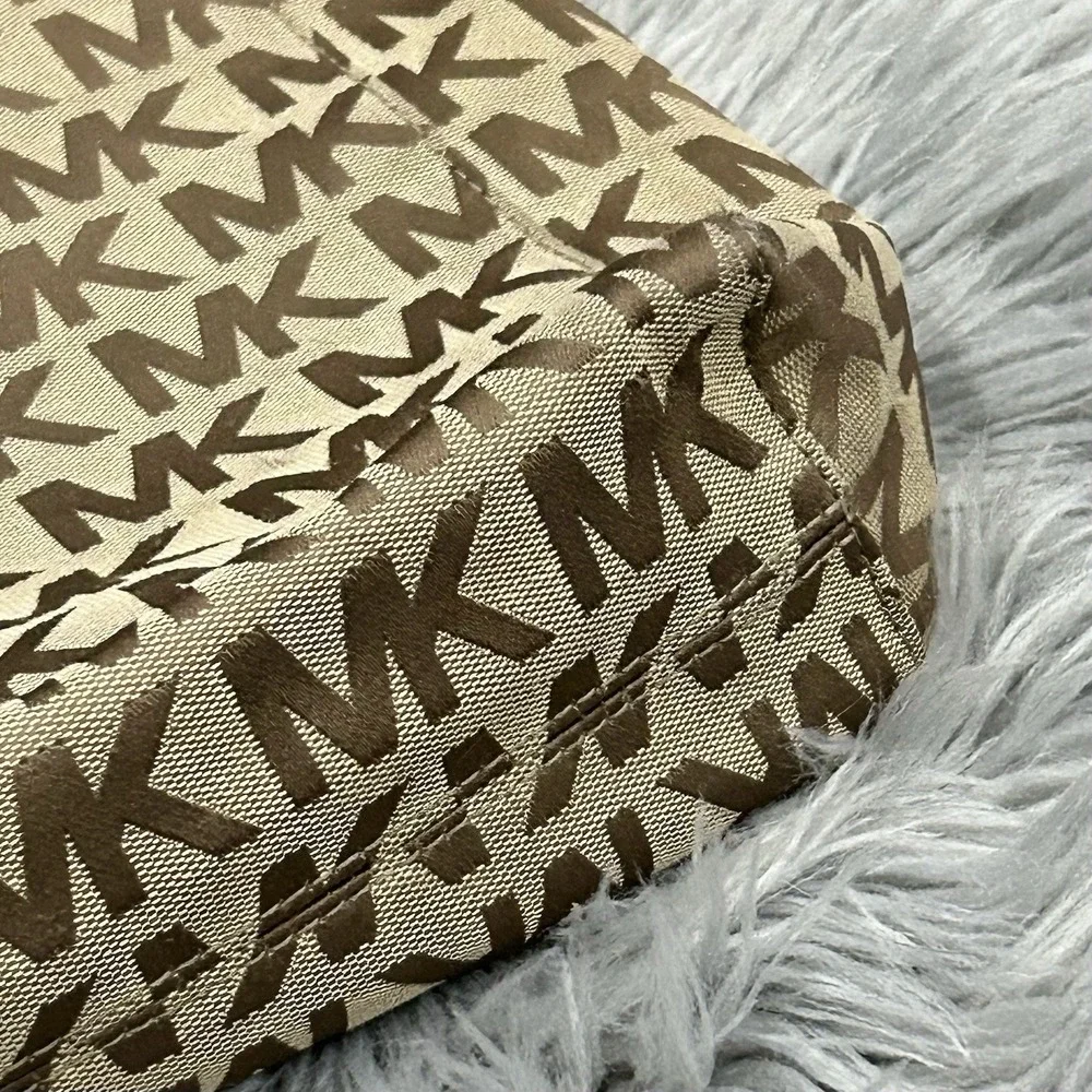 MK Michael‎ Kors Jet Set Signature Grab Bag Tote Tan/Red Jacquard Leather Y2K